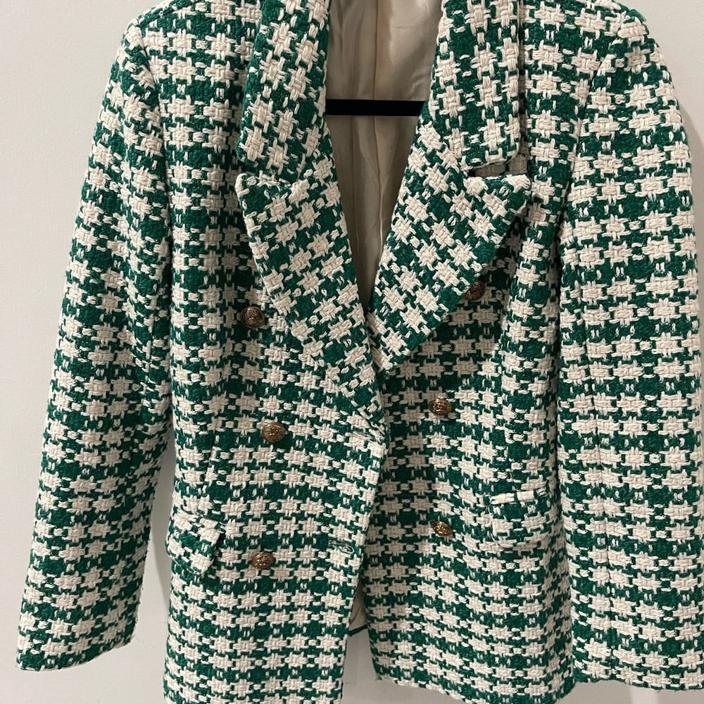 Green and White Tweed Double-Breasted Jacket